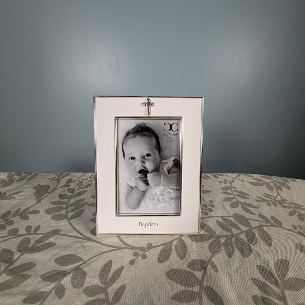 Baptism Baby Picture Frame White enamel and silver cross 4X6 Unused
